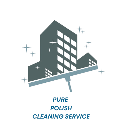 Logo of Pure Downy Cleaning Service with building and squeegee.