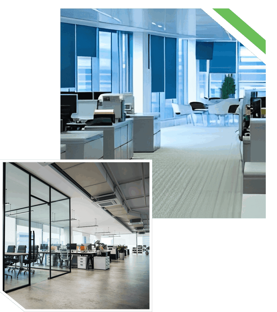Modern office spaces with glass walls and open layouts.
