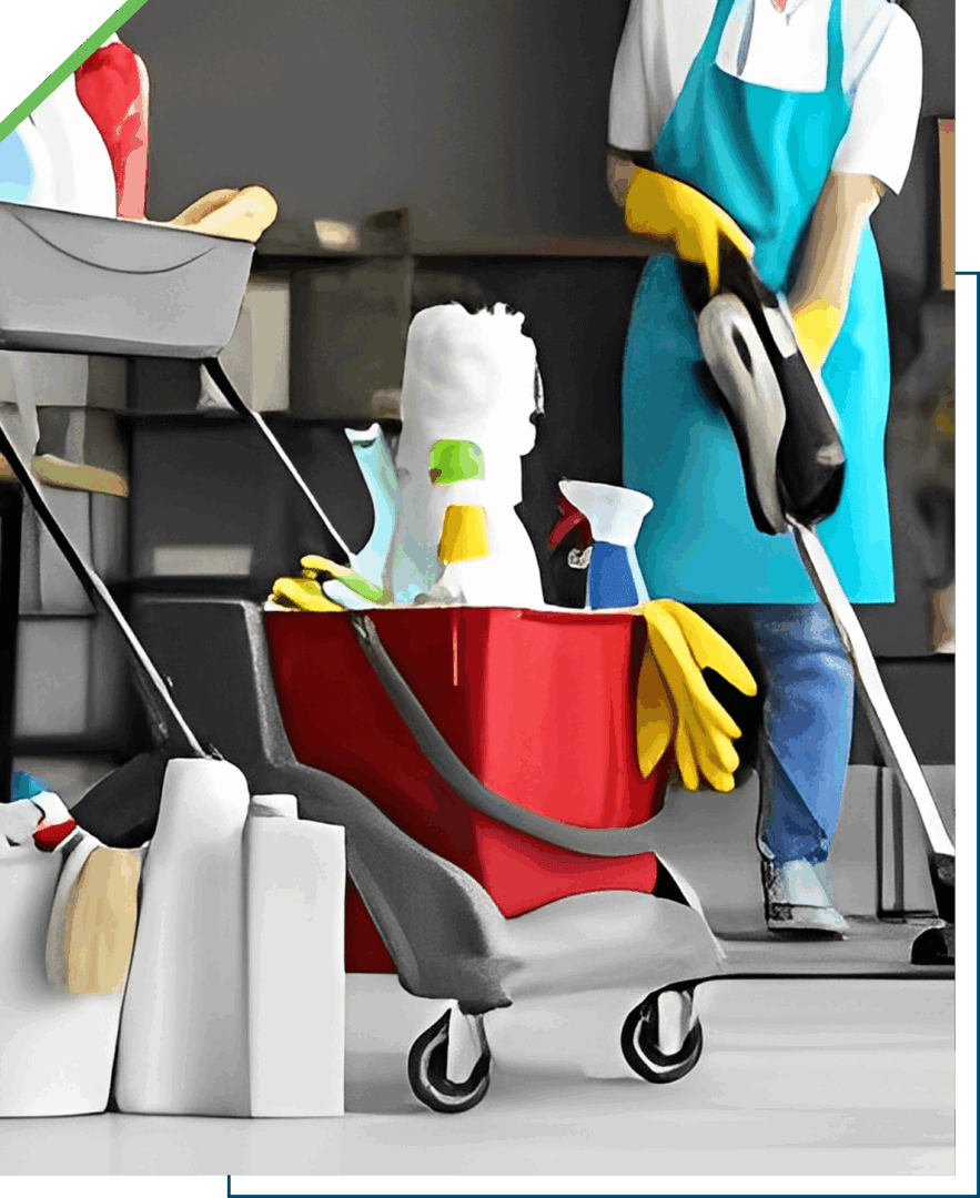 Cleaning supplies and equipment ready for use in a janitorial setting.