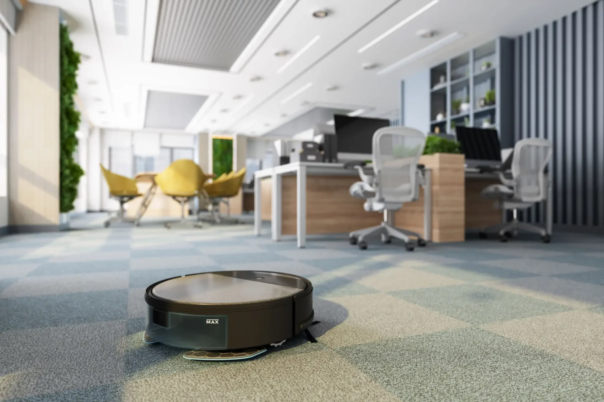 Robot vacuum cleaning an office space with modern furniture.