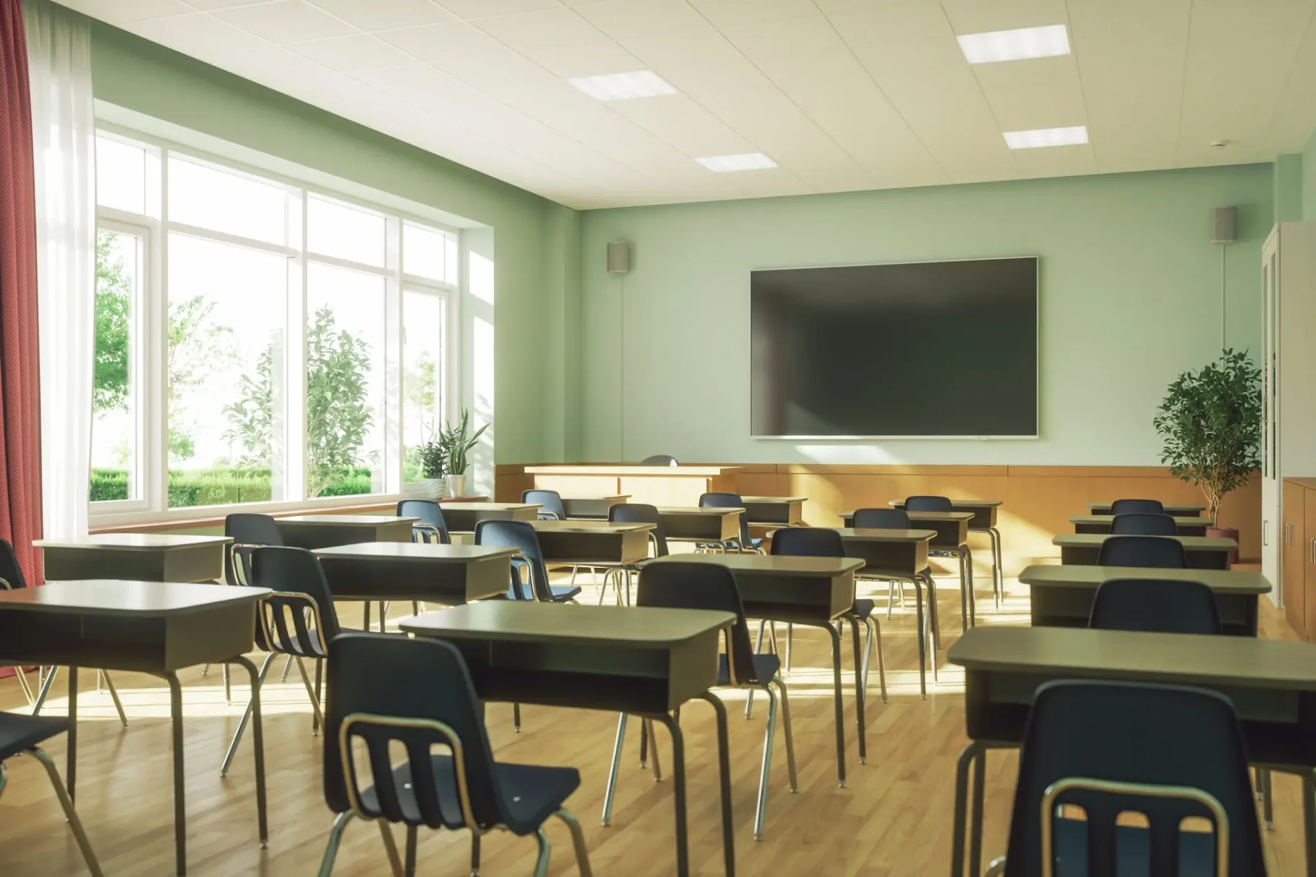 Empty classroom with sunlight streaming through large windows.